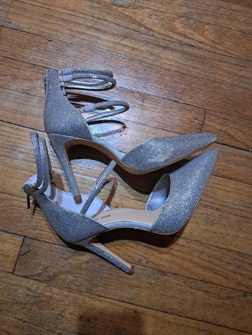 Gianni Bini Silver Glitter Strappy Pointed Heels